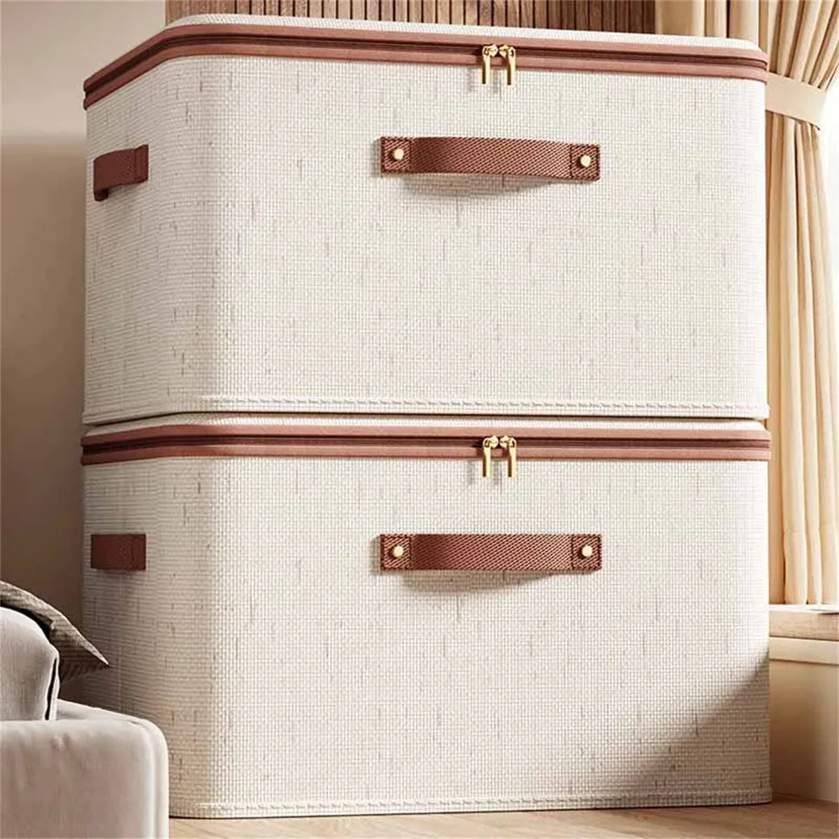 Caja de almacenamiento grande para el hogar, caja organizadora de almacenamiento con cremallera de lino y algodón de carcasa dura resistente con tapa para ropa, juguetes, mantas ﻿