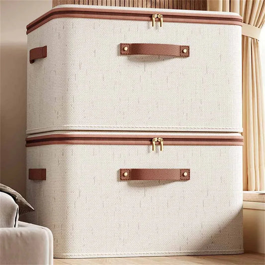 Caja organizadora grande de lino y algodón con cremallera y tapa — Para ropa, juguetes y mantas