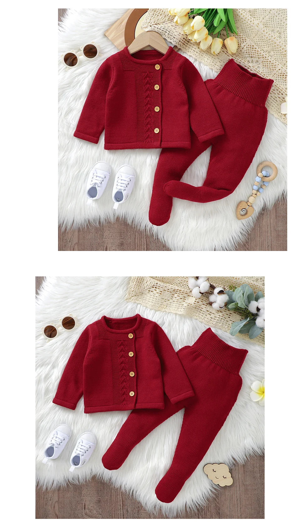 Conjuntos de ropa para niñas pequeñas, suéteres lisos de manga larga, cárdigans y pantalones, trajes tejidos para recién nacidos de 0 a 9m, chándales de 2 uds.
