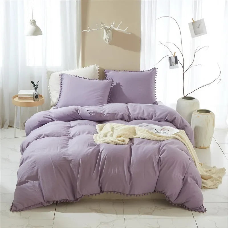 Funda de edredón suave y lavada, Juego de 3 piezas, funda de almohada, juego de ropa de cama para Twin, Full, Queen, King Size, decoración de pompones