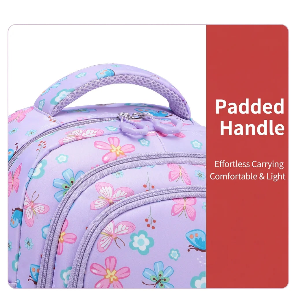 Juego de 3 Piezas de Mochila Escolar para Niños con Estampado de Mariposas y Flores, Resistente al Agua, Ligera, con Lonchera Aislada y Estuche para Lápices