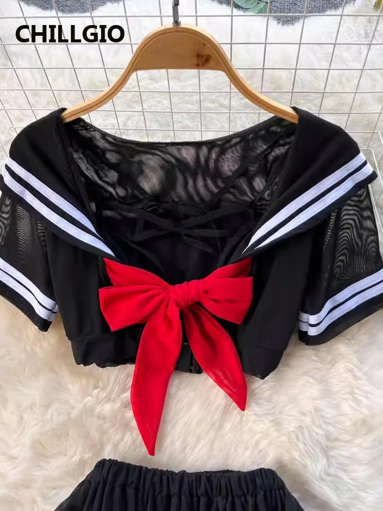 CHILLGIO-Conjunto de pijama con falda de malla transparente para mujer, ropa de dormir, lencería erótica de moda, estilo Preppy japonés