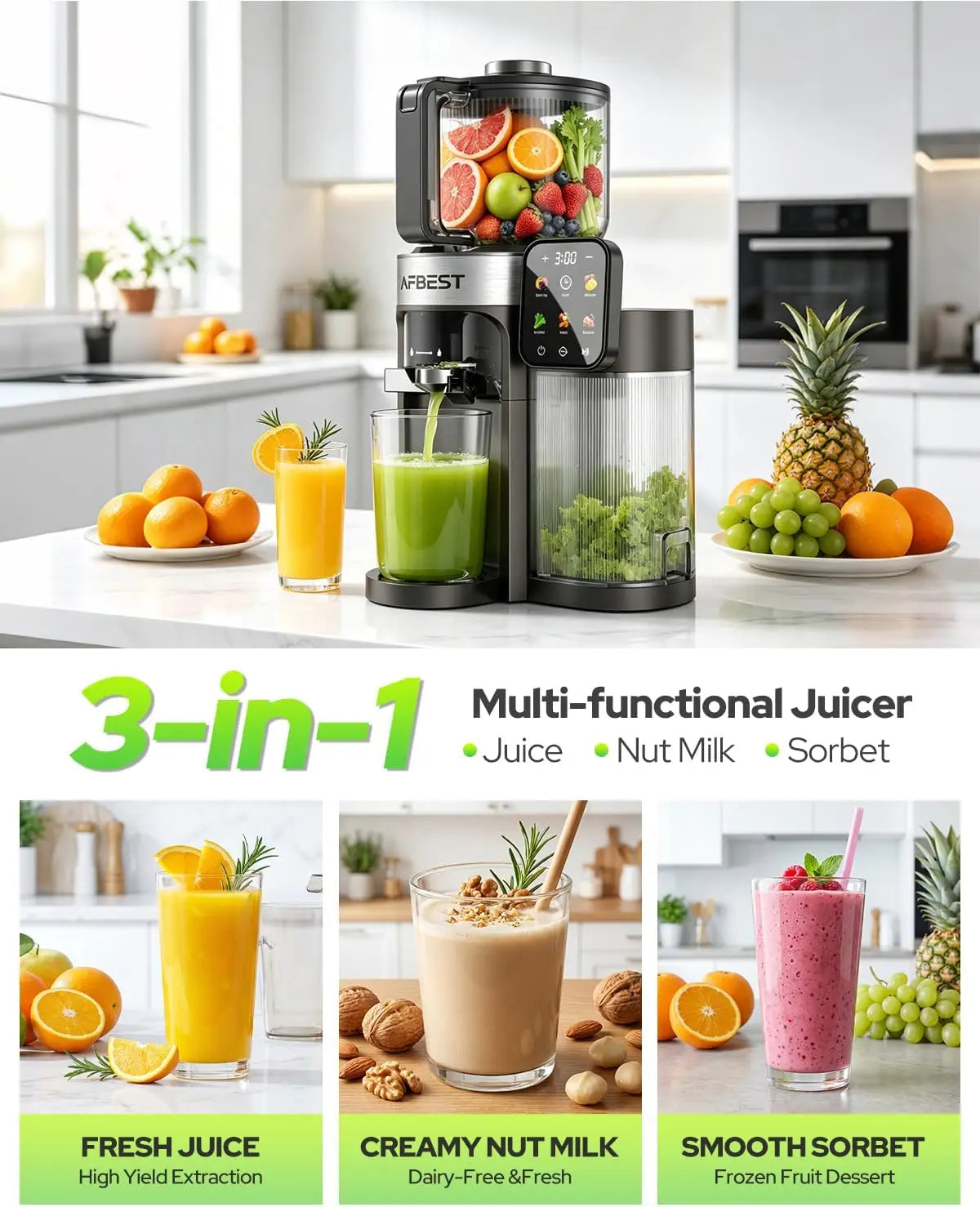Exprimidor de prensado en frío mejorado 2026 – Boca extra ancha de 6.5 pulgadas, Tolva de alimentación automática de 100 oz, Exprimidor lento inteligente 3 en 1 con pantalla táctil para sorbetes y leche de frutos secos,