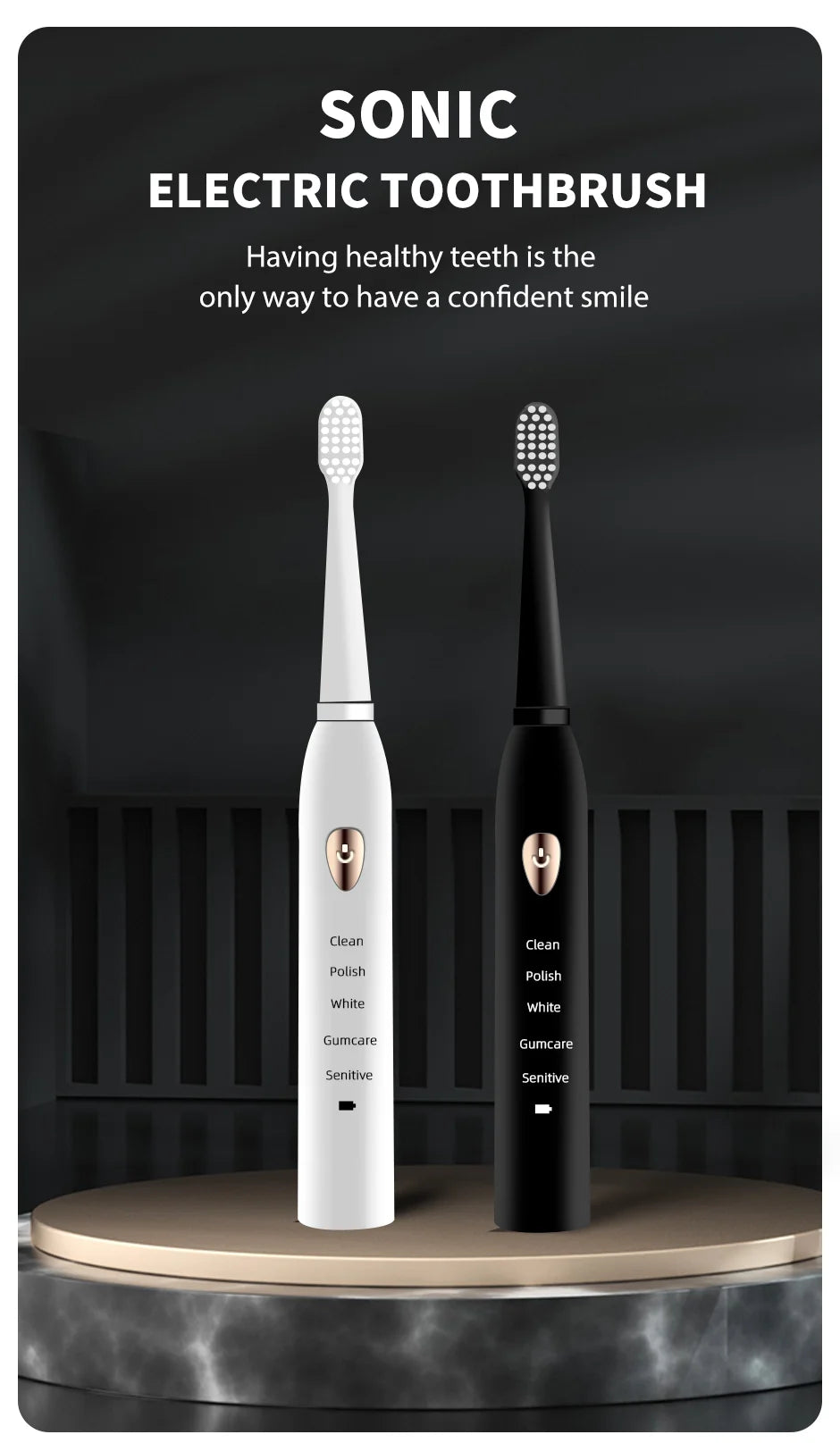 Jianpai-cepillo de dientes eléctrico para adulto, dispositivo acústico clásico, color blanco y negro, modo de 5 engranajes, carga USB, resistente al agua IPX7