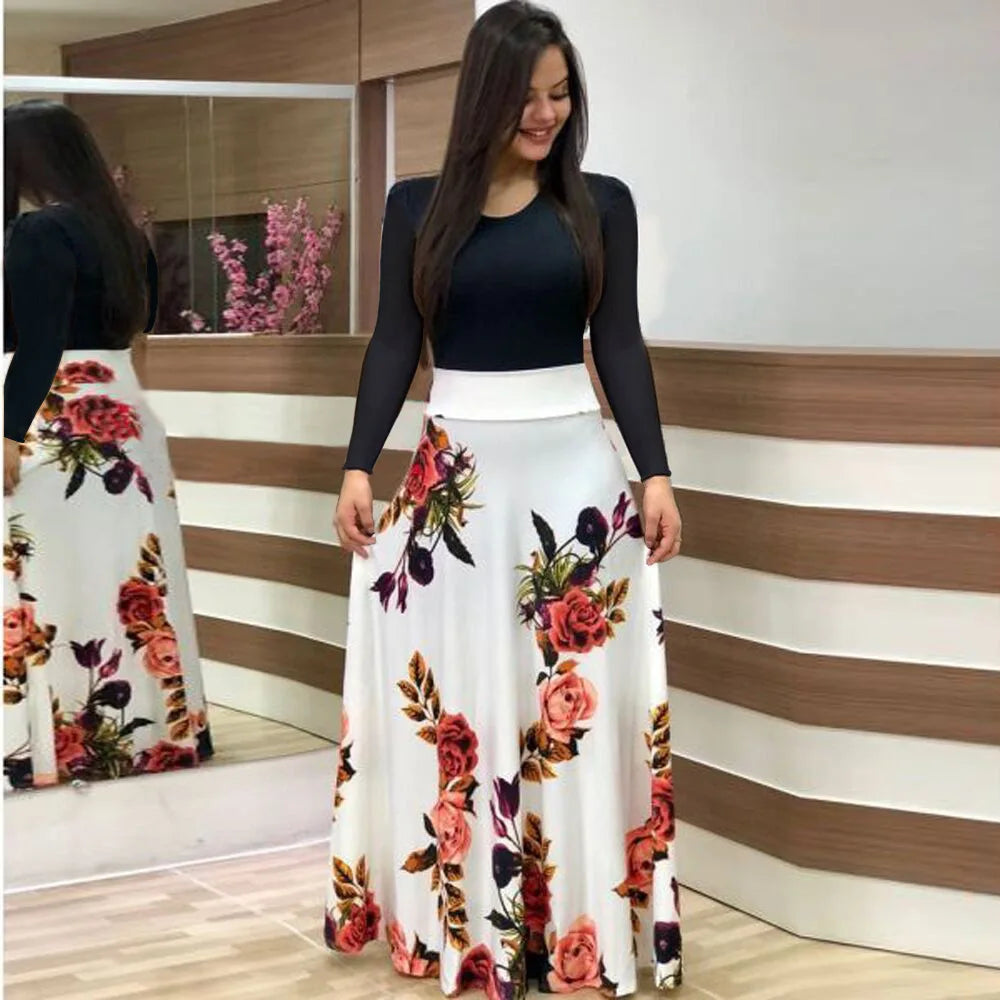 Vestido de manga corta a juego con estampado de flores de estilo europeo y americano para mujer, falda con vuelo grande, 2024