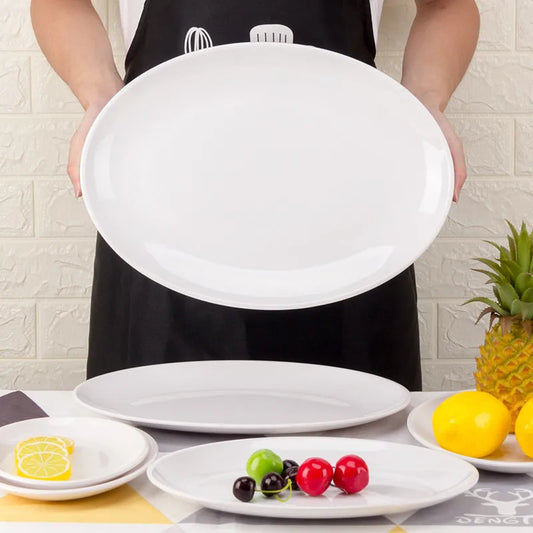 Platos ovalados de melamina blanca de 9-14 pulgadas, juego de cena, plato de porcelana de imitación, bandejas planas para carne, servicio de mesa de cocina y Hotel duradero