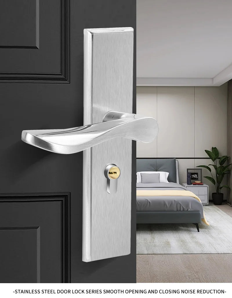 Juego de cerradura de puerta de acero inoxidable 304, manija de palanca de puerta Interior silenciosa para dormitorio, baño, manija de prensa, cerradura para puerta de madera maciza