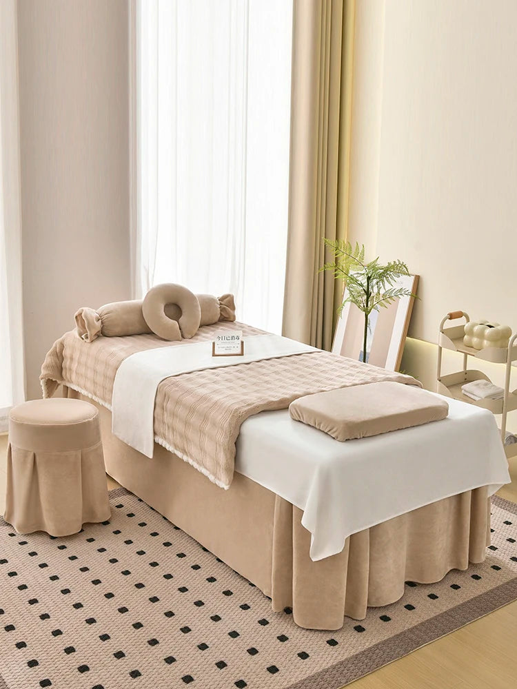 Juego de cama gruesa de terciopelo de leche para salón de belleza, falda de cama de Spa para masaje, funda de almohada, funda de taburete y funda nórdica, Sábana de salón para Club, 4 Uds.