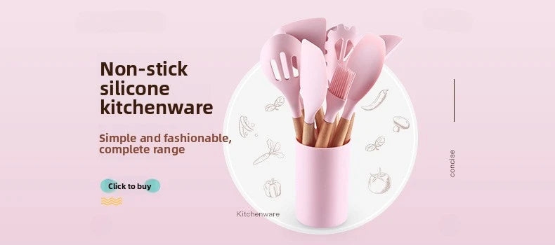 Juego de 12 utensilios de cocina de silicona con mango de madera, espátula antiadherente, cuchara para sopa y freír