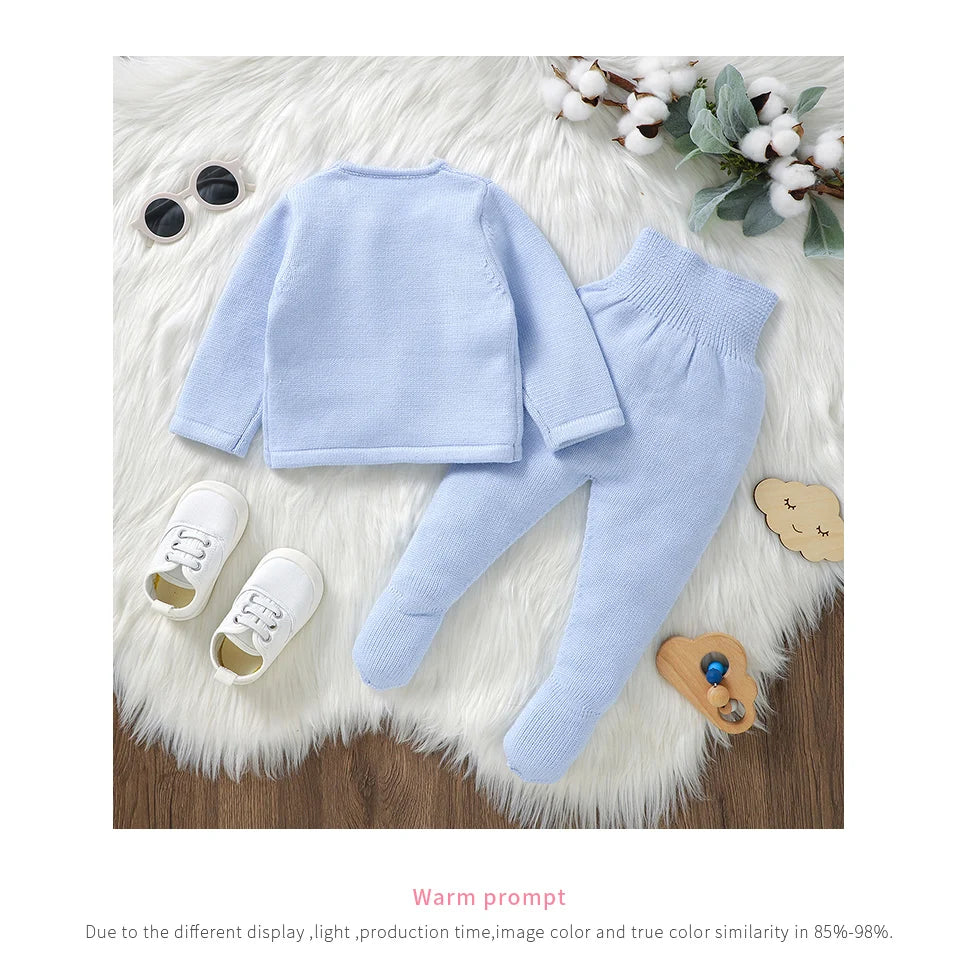 Conjuntos de ropa para niñas pequeñas, suéteres lisos de manga larga, cárdigans y pantalones, trajes tejidos para recién nacidos de 0 a 9m, chándales de 2 uds.