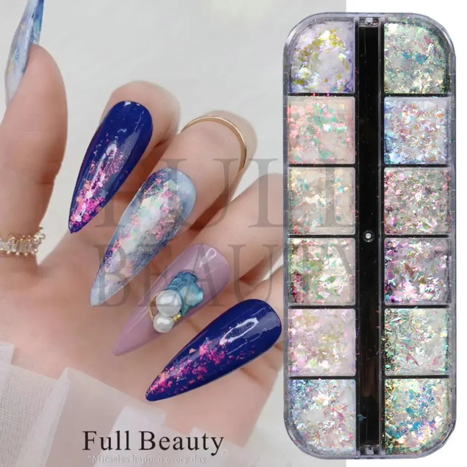 12 rejillas iridiscentes para uñas Aurora, purpurina de cristal, copos de fuego, holográficos, lentejuelas brillantes, dijes, esmalte de Gel, Flash para manicura