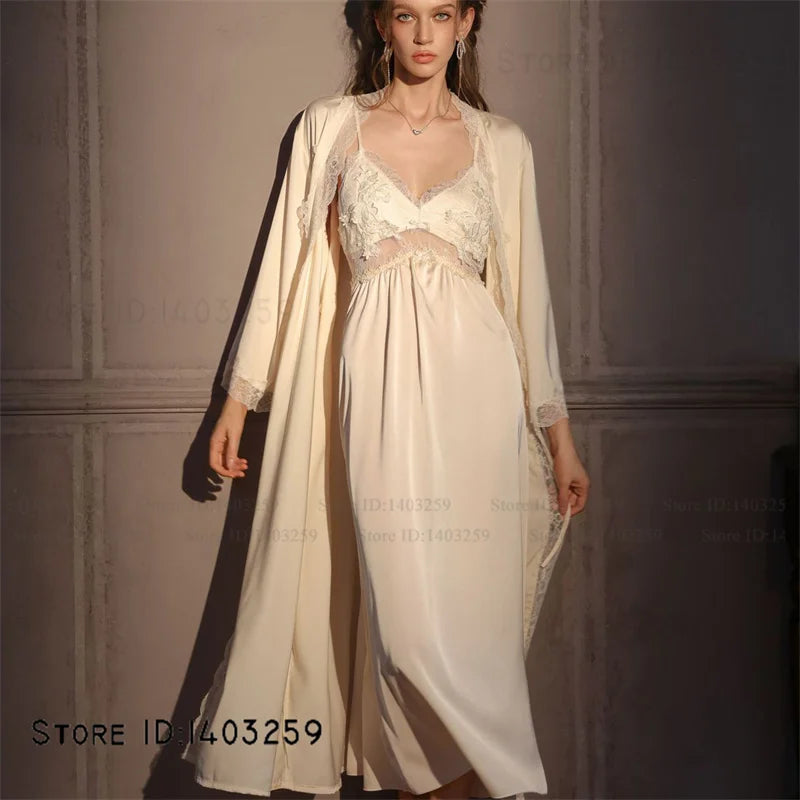 Conjunto de bata larga elegante para mujer, camisón de lencería Sexy, camisón con espalda descubierta, ropa de dormir para el hogar, ropa de dormir de satén de seda