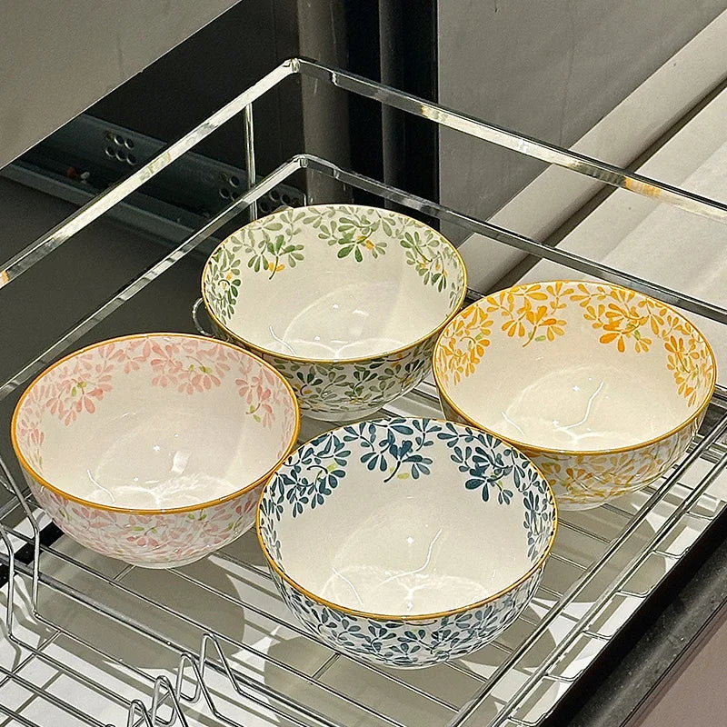 Cuenco de cerámica de gran capacidad de 6 pulgadas con patrón de flores para las cuatro estaciones, para fideos, sopa, ensalada, Pasta, apto para microondas/lavavajillas