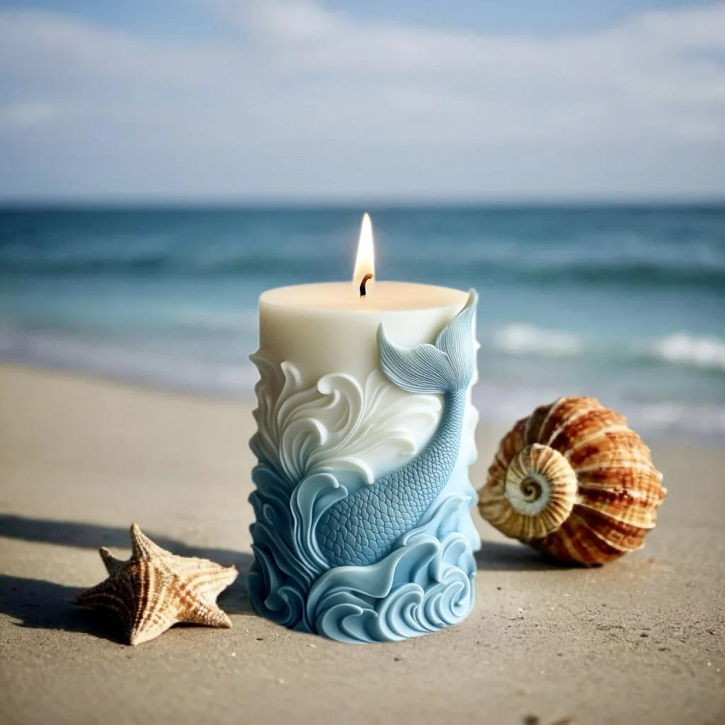 DIY estilo océano vela cilíndrica en relieve molde de silicona estrella de mar concha molde de resina cilíndrica ondas vieira moldes de yeso coral