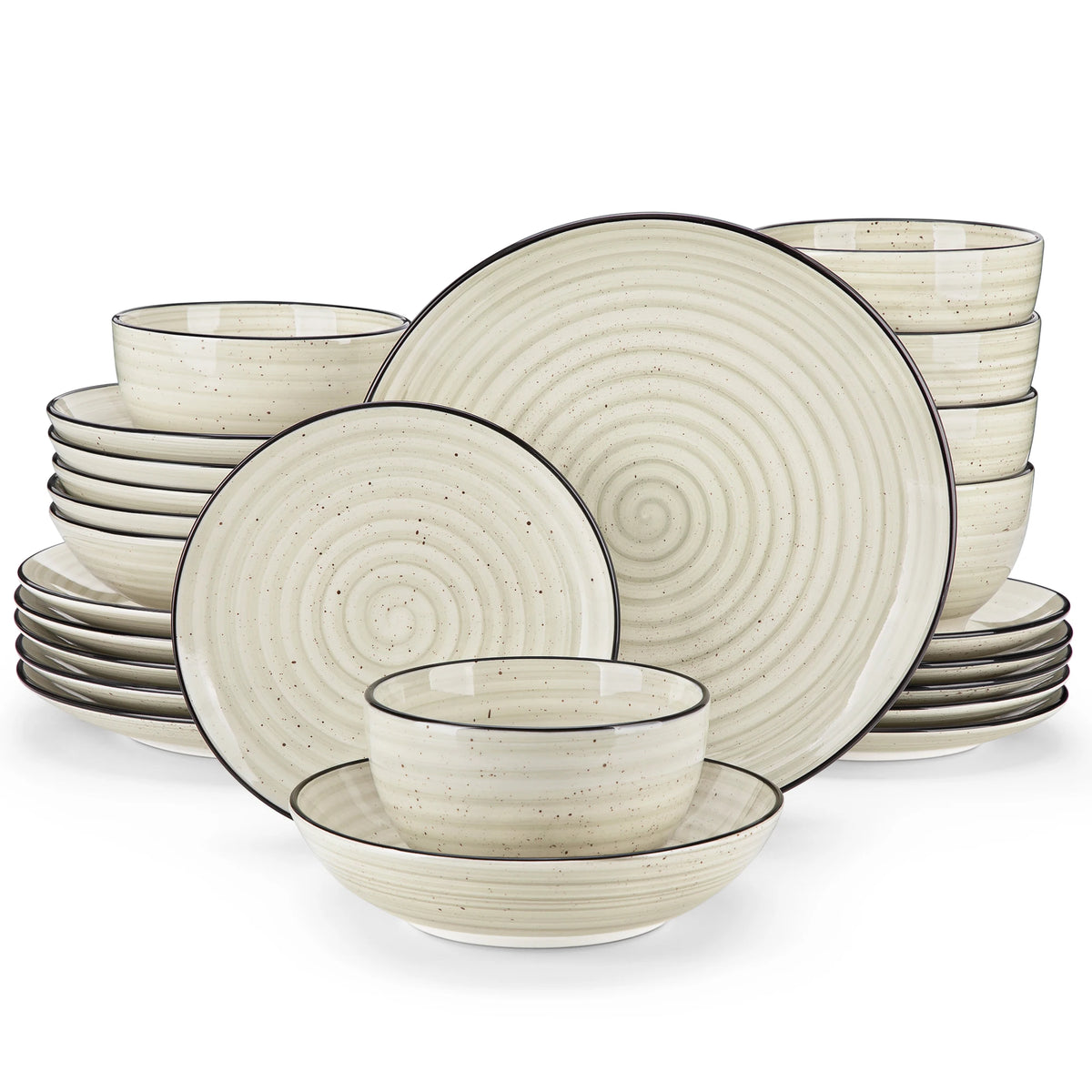 vancasso -Juego de vajilla de cerámica para cena, set de platos Beige pintados a mano en espiral con 6 platos de cena/postre/sopa/tazón, 24/48 piezas