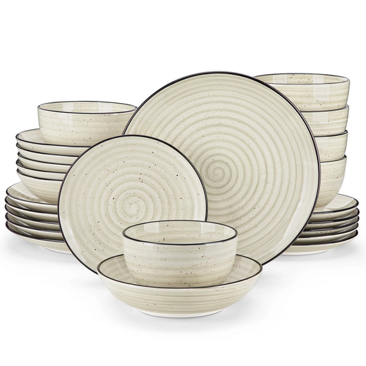 vancasso -Juego de vajilla de cerámica para cena, set de platos Beige pintados a mano en espiral con 6 platos de cena/postre/sopa/tazón, 24/48 piezas