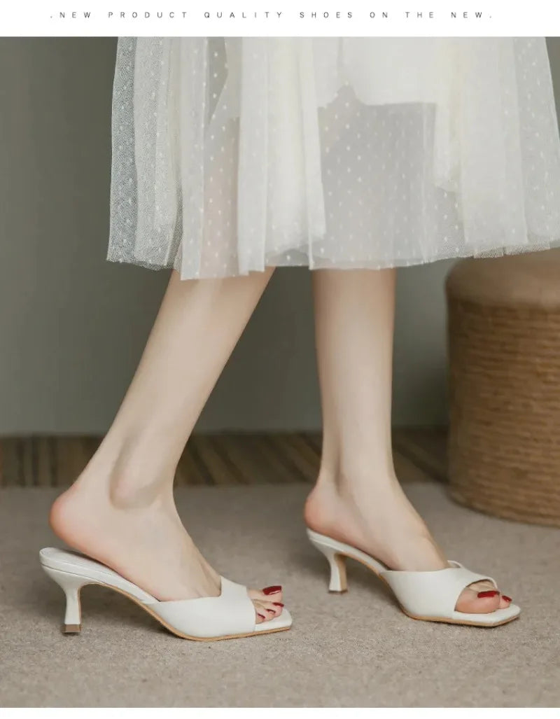 Pantuflas de Tacón Alto para Mujer, Pantuflas de Cuero Vacuno de Lujo, Pantuflas de Moda con Punta Cuadrada, Pantuflas de Tacón Alto con Punta Abierta para Verano