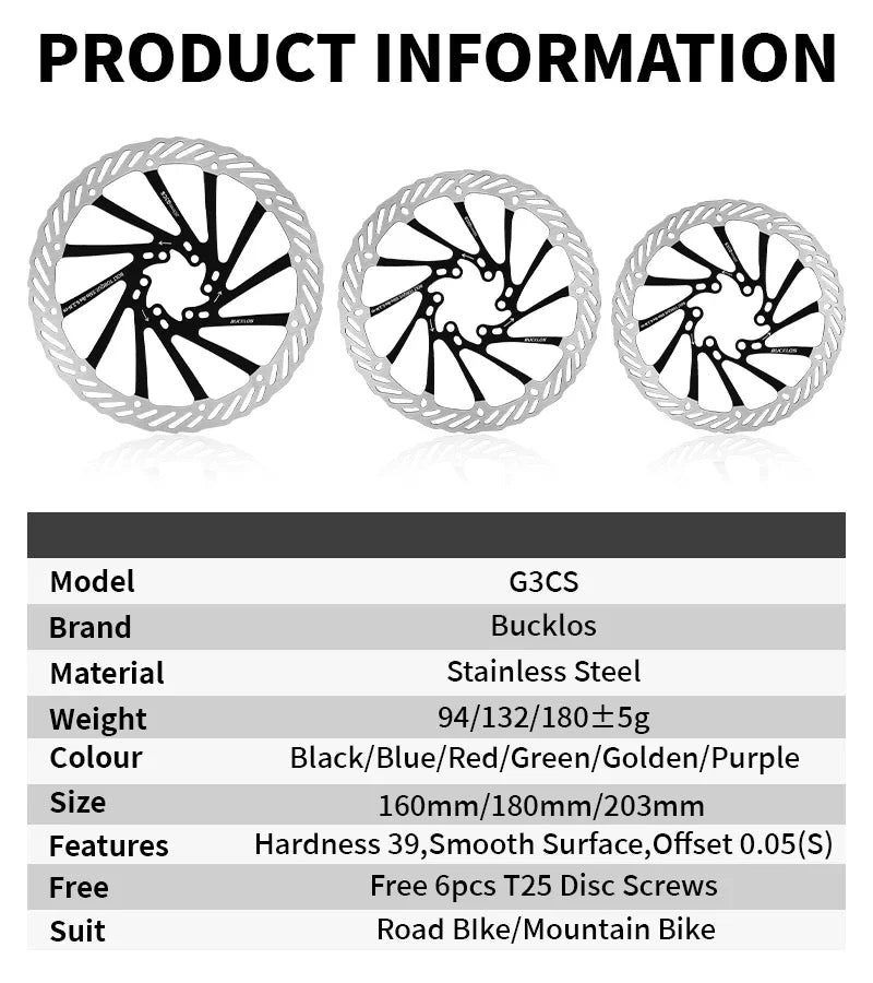 BUCKLOS-Rotor de freno de disco hidráulico ultraligero para bicicleta de montaña, disco de freno de bicicleta de carreras de carretera de montaña de 160/180/203mm con 6 pernos gratis