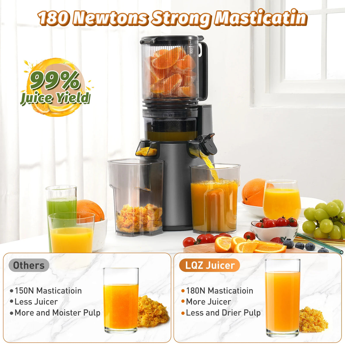 Extractor de Jugos Tolife de Presión en Frío y Masticación Lenta, con Boca Ancha, Vaso de 1000 ml, Silencioso y Fácil de Limpiar, para Frutas y Verduras