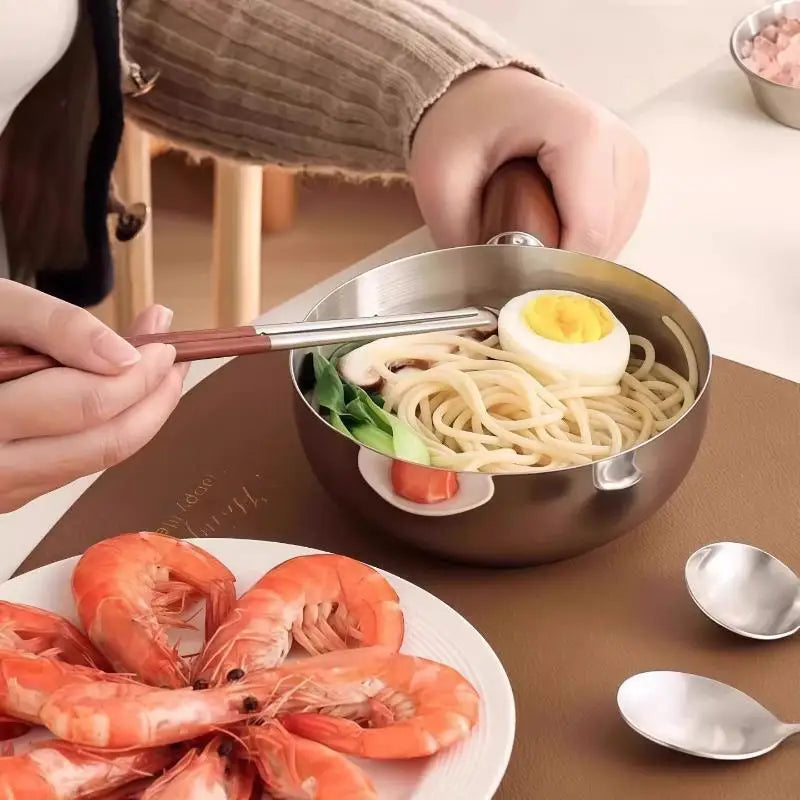 【A】Sartenes de cocina de acero inoxidable de 17 cm/14 cm con mango de madera y tapa de vidrio - Ollas pequeñas multiusos para fideos y huevos