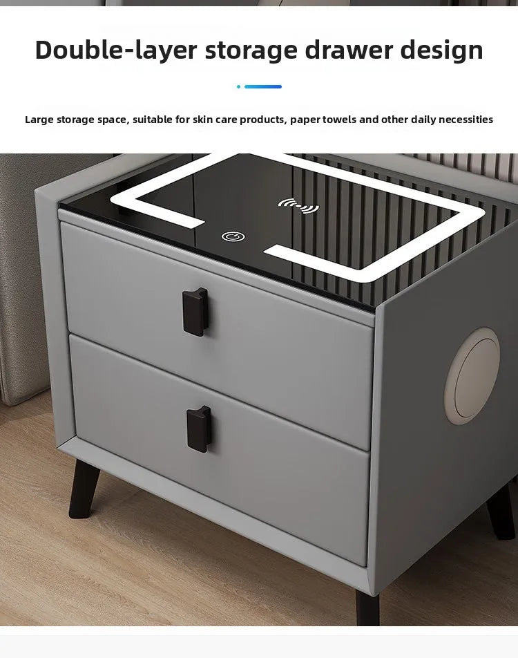Mesita de noche de madera inteligente con altavoz cargador inalámbrico, mesita de noche minimalista moderna de dos cajones, muebles multifuncionales para el hogar