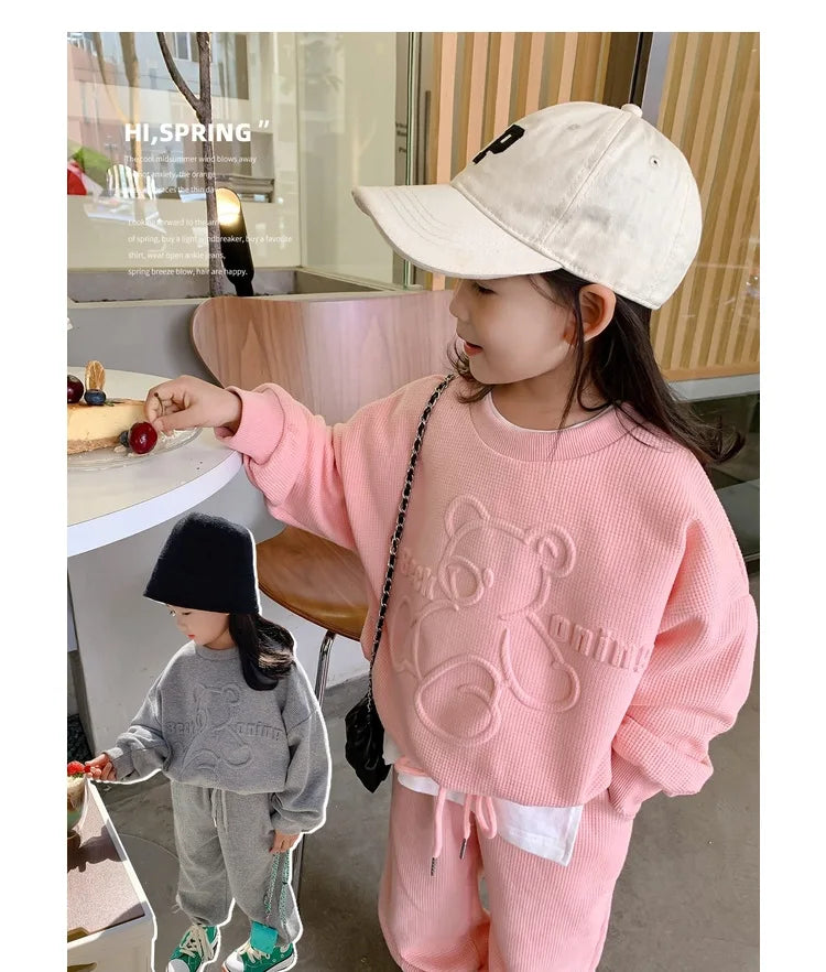 Conjunto de ropa informal para niña de 3 a 8 años, sudadera de manga larga con estampado de oso de dibujos animados, pantalones, 2 piezas, ropa deportiva