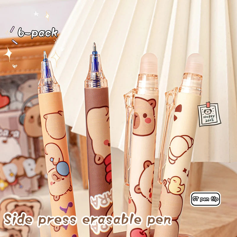 Lindos bolígrafos de gel Capybara: juego de bolígrafos borrables azules de secado rápido Kawaii de 6 piezas para oficina, escuela y papelería estética