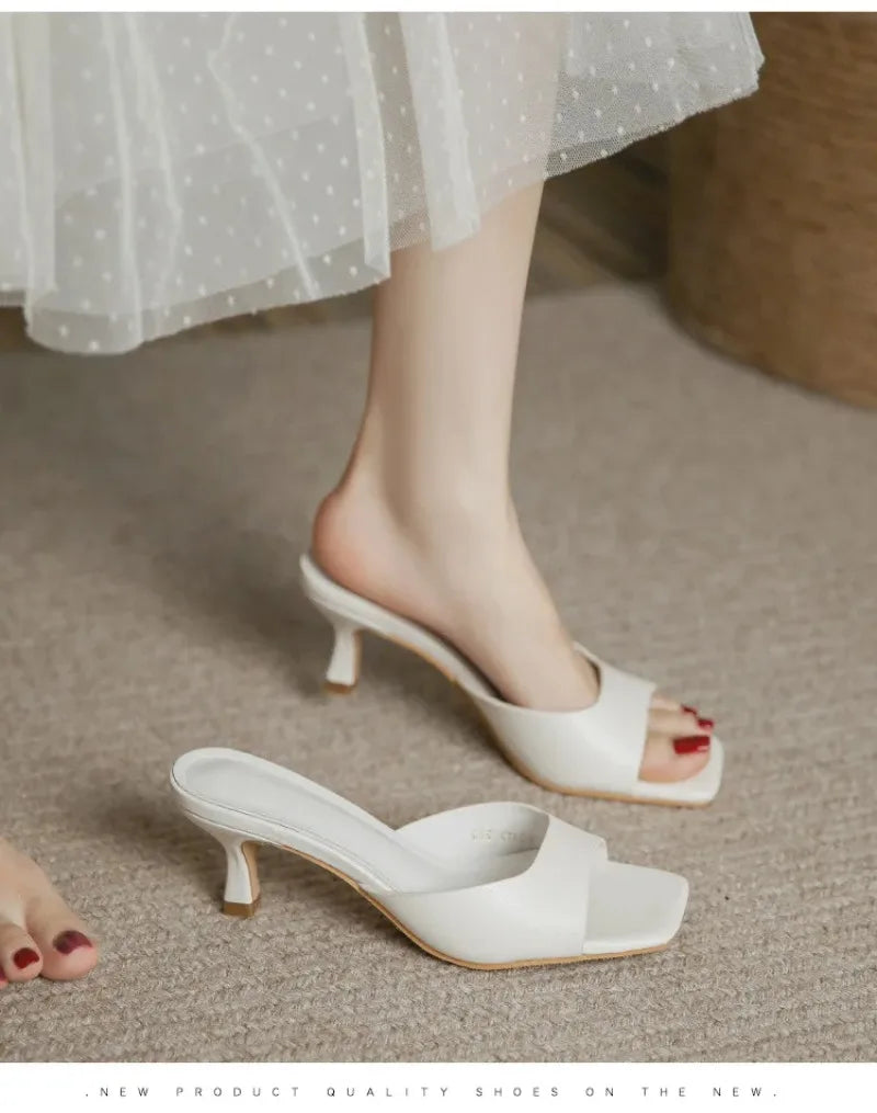 Pantuflas de Tacón Alto para Mujer, Pantuflas de Cuero Vacuno de Lujo, Pantuflas de Moda con Punta Cuadrada, Pantuflas de Tacón Alto con Punta Abierta para Verano