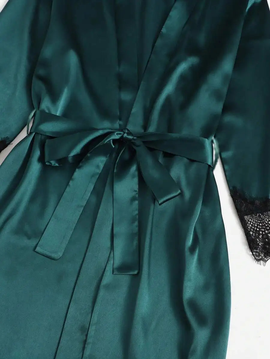 Conjunto de pijama de satén para mujer, bata de lencería Sexy, albornoz de encaje de seda, vestido de noche, pantalones, ropa de dormir para el hogar, 5 piezas