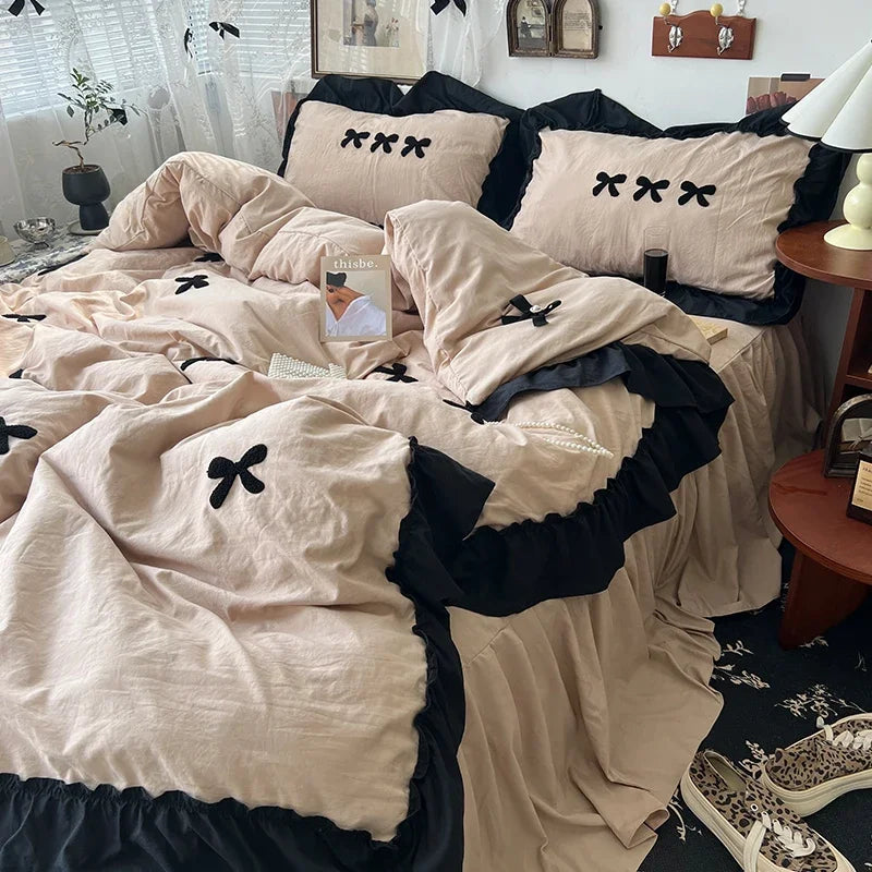 Juego de cama de algodón con lazo negro, funda nórdica suave y agradable para la piel estilo princesa para niña, sábana o funda de almohada para falda de cama