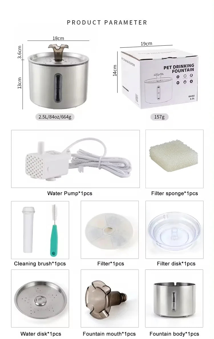 Fuente de agua automática para mascotas de 2,5 L con luz LED, ventana visible y antideslizante, dispensador de agua de filtración múltiple para perros y gatos