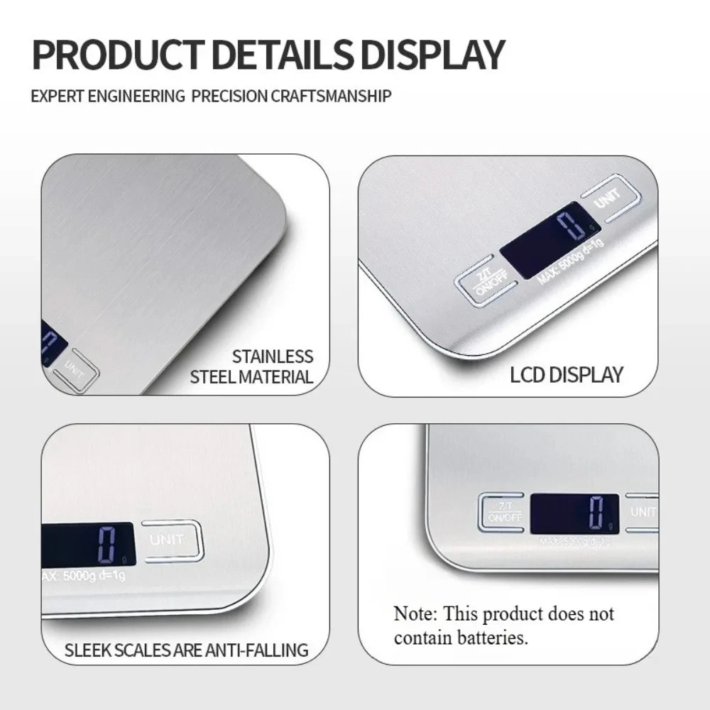 Báscula Digital de Cocina con Pantalla LED, 5 kg/1 g, Acero Inoxidable, Pesaje Electrónico para Alimentos, Joyas, Aperitivos, Repostería, Herramientas para el Hogar