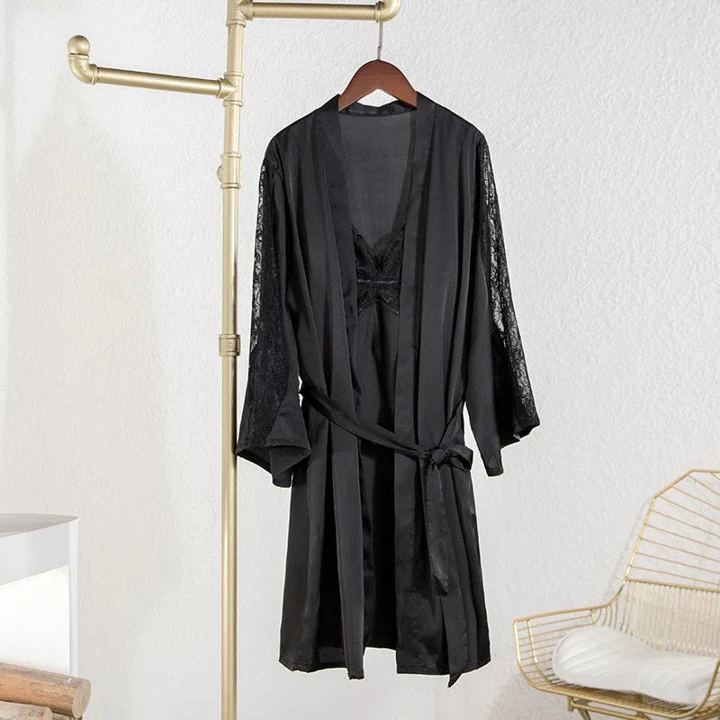 Sexy Intimate Lingerie Perspective Nightwear Lace Patchwork Home Wear Robe Suit Lady Kimono Gown Sleepwear Satin Nighty Bathrobe