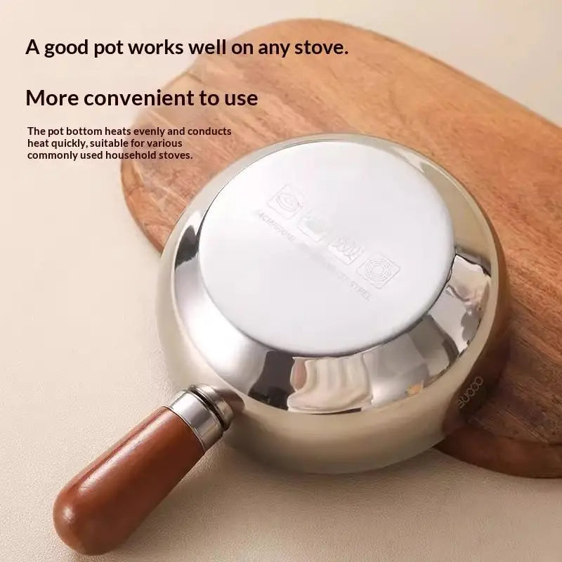 【A】Sartenes de cocina de acero inoxidable de 17 cm/14 cm con mango de madera y tapa de vidrio - Ollas pequeñas multiusos para fideos y huevos