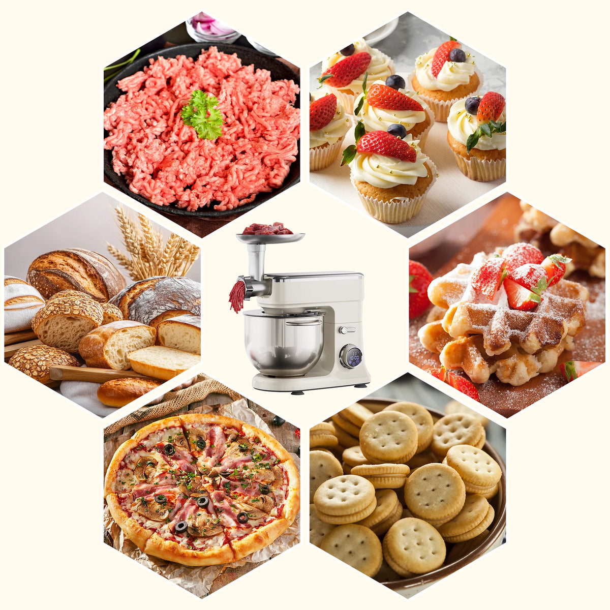 Batidora de Pedestal BioloMix de 7L para Repostería, Motor de CC de 1200W con Gancho Amasador, Batidor, Accesorio para Picar Carne - Batidora de Alimentos