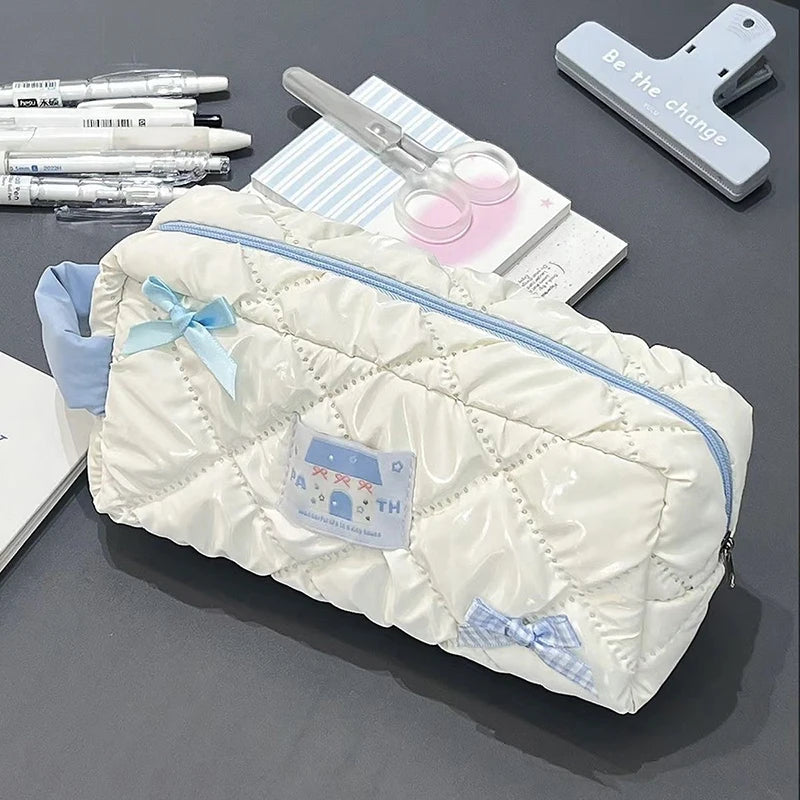 Bolsa de lápices con lazo azul y blanco, bolsa de papelería de gran capacidad, bolsa de almacenamiento de viaje, bolsas de cosméticos para mujer, estuche de lápices con diseño bonito para niñas