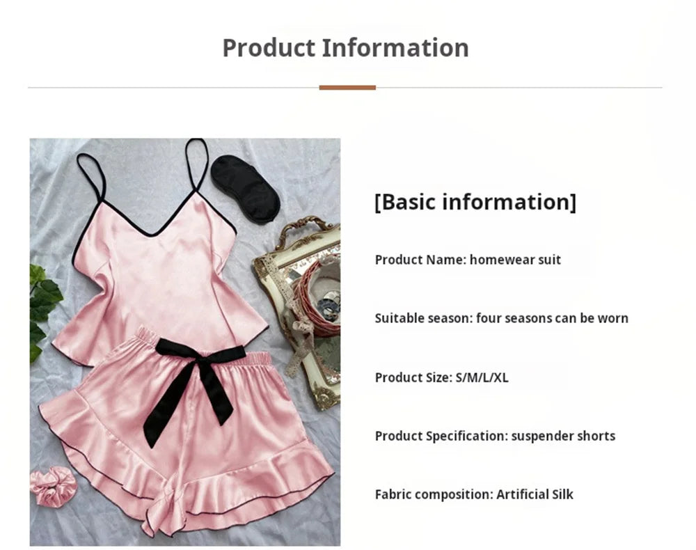 Pijamas de satén liso para mujer, camiseta con cuello en V, bordes con volantes y pantalones cortos con lazo, conjunto de pijama sencillo y transpirable, ropa para el hogar con tirantes