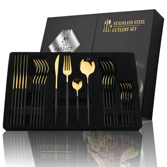 Juego de cubiertos dorados con mango negro, 24 Uds., cuchillo de acero inoxidable, tenedor, cuchara, vajilla, juego de cubiertos, vajilla de cocina para Festival, regalo