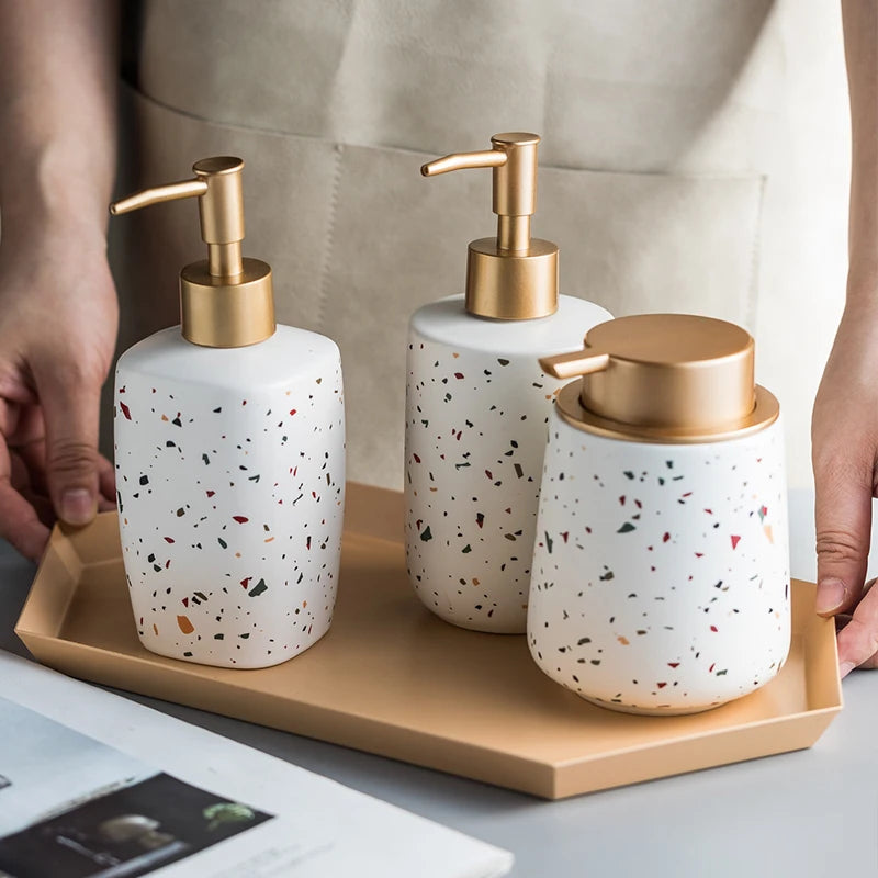 Dispensadores de jabón portátiles de cerámica, botella de líquido para lavar las manos, botella de loción con patrón de terrazo, botella de jabón, dispensadores de jabón para Baño