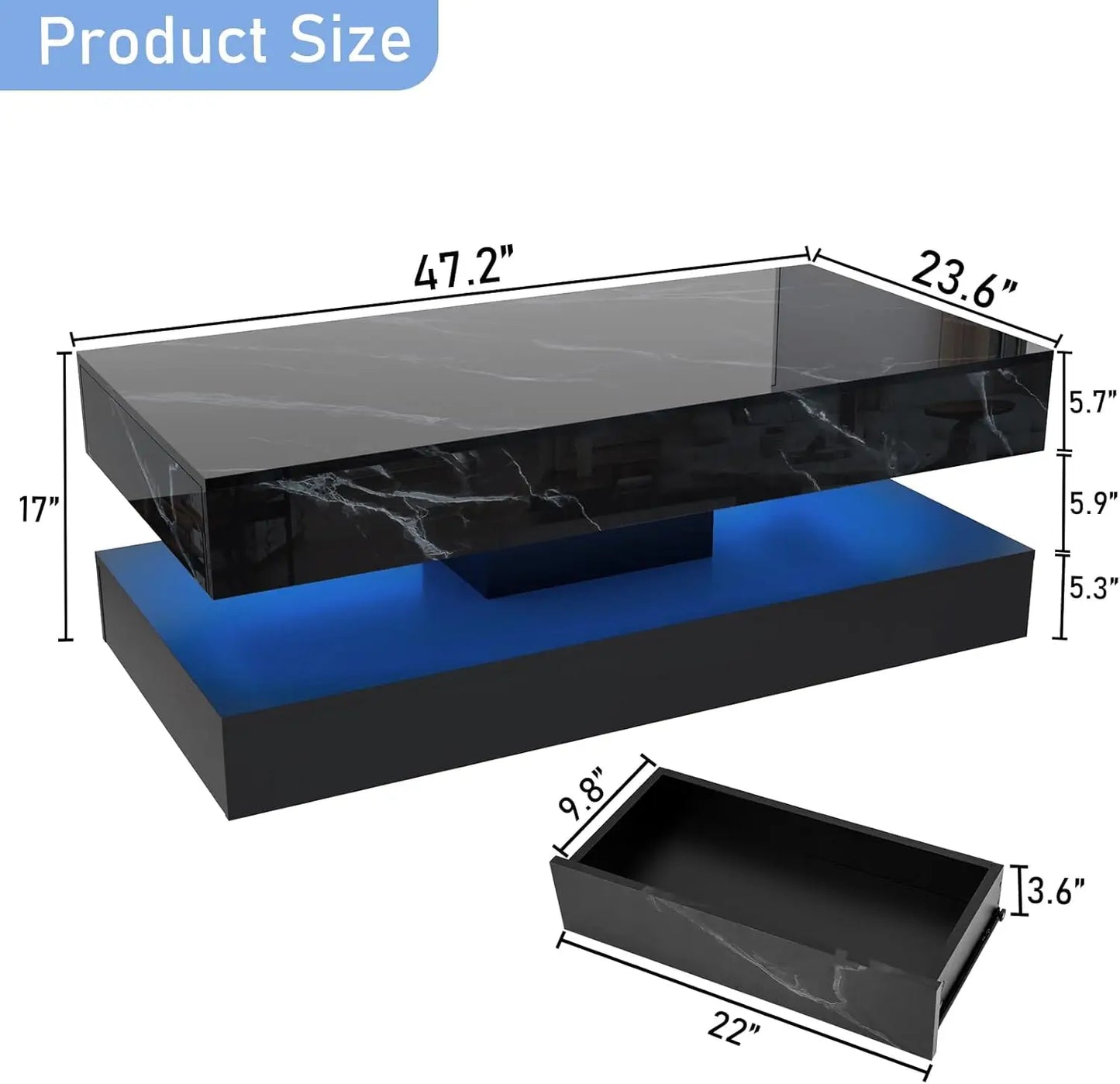 Mesa de Centro Moderna y Elegante con Luces LED, Diseño de Doble Capa para Sala de Estar con 2 Cajones de Almacenamiento