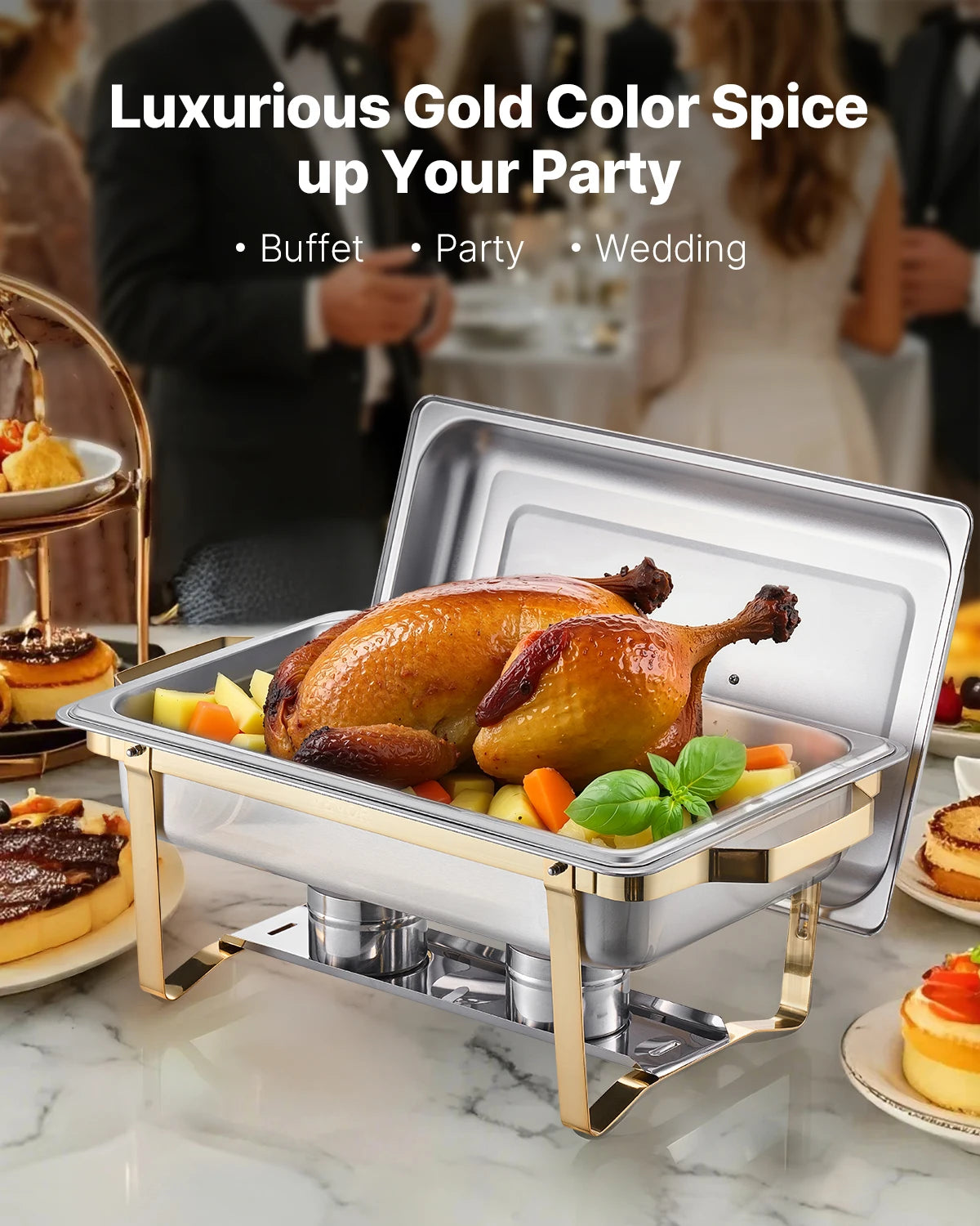 SucceBuy Juego de buffet de plato de frotamiento de 8 cuartos de galón, paquete de 4, chafer de acero inoxidable con 2 sartenes de tamaño completo y 4 tamaño medio, servidor calentador de catering
