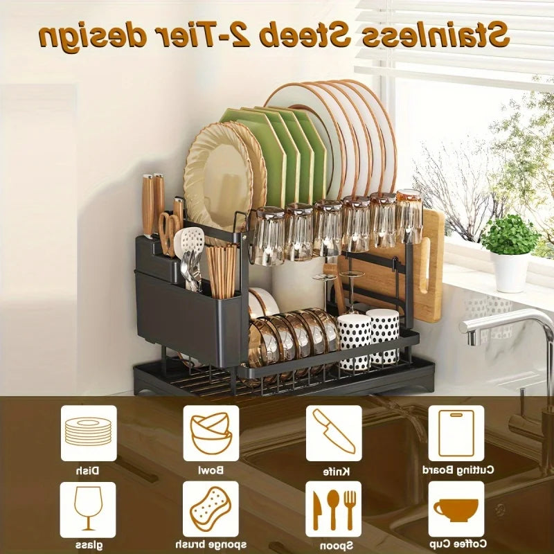 Estante para cuencos de cocina, escurridor de doble capa, 1 unidad, escurridor de vajilla, soporte para palillos, tazas y tablas de cortar, estante de almacenamiento para cocina.