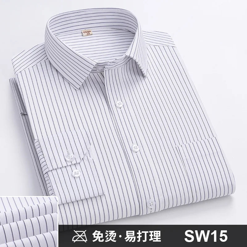 Camisa Formal de manga larga para hombre S ~ 8XL, camisas blancas de negocios de moda de gran tamaño a rayas de Color sólido, antiarrugas y sin planchar