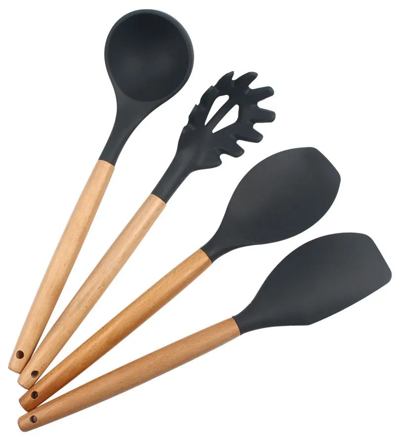 Juego de 12 utensilios de cocina de silicona con mango de madera, espátula antiadherente, cuchara para sopa y freír