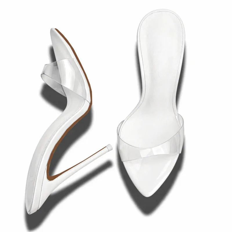 Nuevas sandalias de verano para mujer, multicolor, de PVC, con una sola correa, tacón alto, punta en pico, estilo sexy, fáciles de poner.