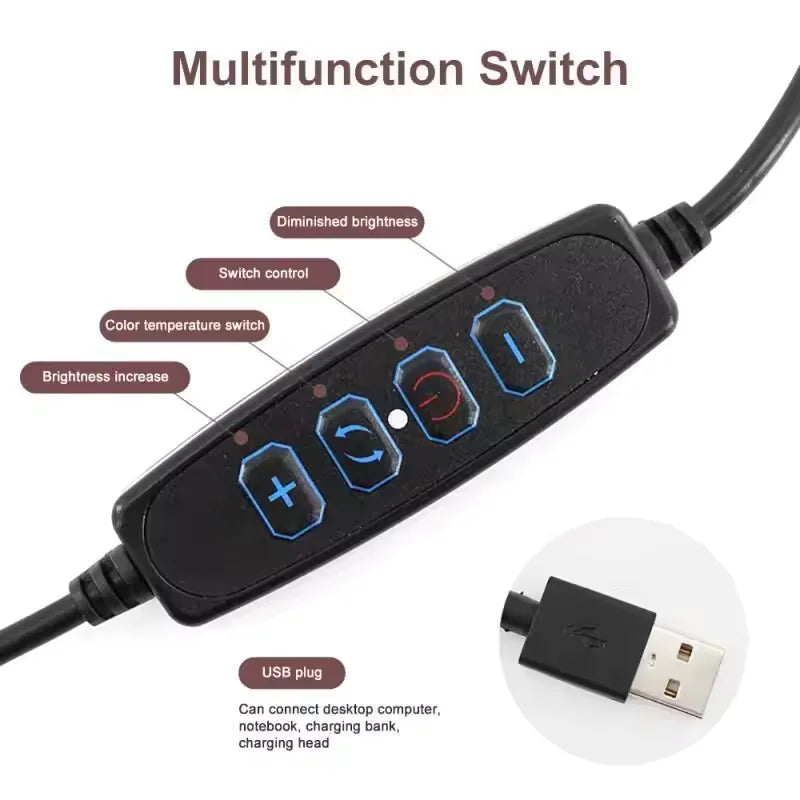 Aro de Luz LED para Escritorio de 16 cm, Regulable, con Soporte de Trípode, Ángulo Ajustable, Interfaz USB para Video, Transmisión en Vivo y Maquillaje