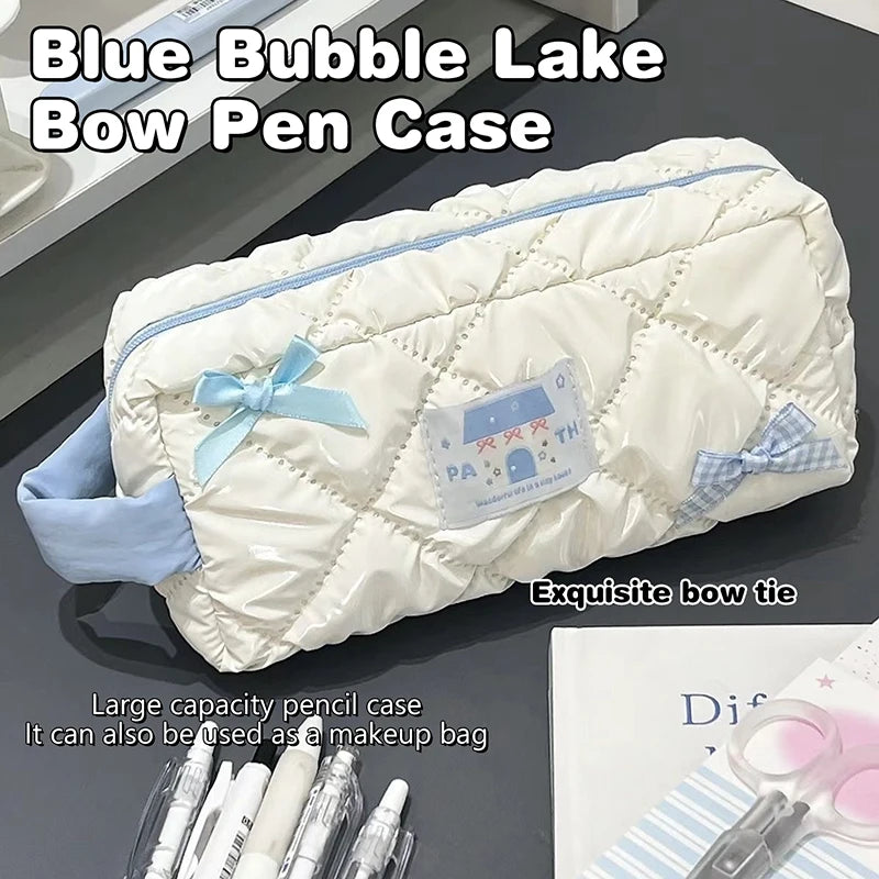 Bolsa de lápices con lazo azul y blanco, bolsa de papelería de gran capacidad, bolsa de almacenamiento de viaje, bolsas de cosméticos para mujer, estuche de lápices con diseño bonito para niñas