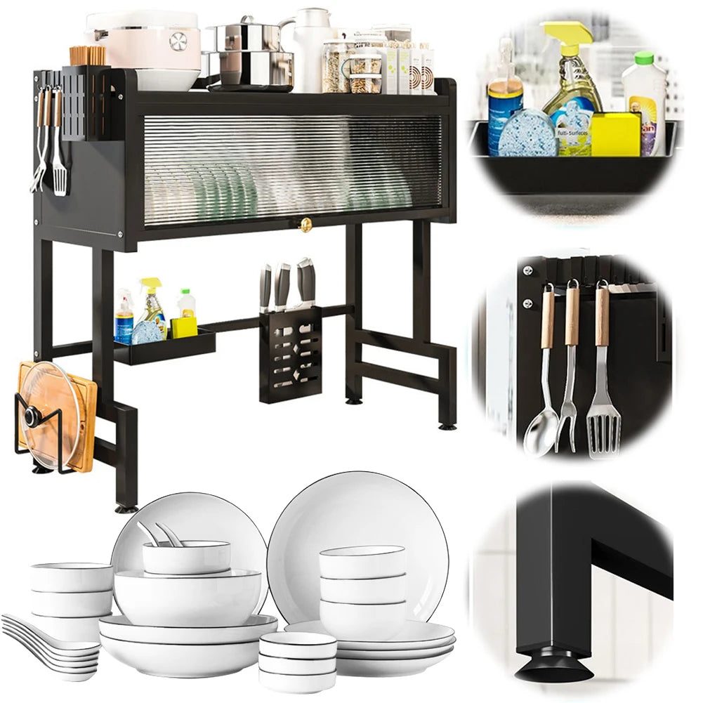 Estante de drenaje de cocina, estante de almacenamiento de cocina multifuncional de 3 niveles, organizador de fregadero de cocina, estante para platos grande sobre el fregadero con cubierta