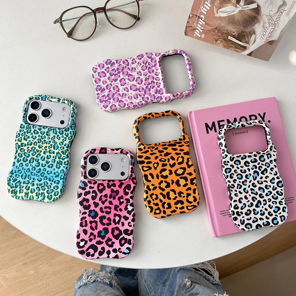 Funda protectora de lujo 2 en 1 con estampado de leopardo degradado a prueba de golpes para IPhone 13 14 15 16 17 Pro Max Wave Edge contraportada