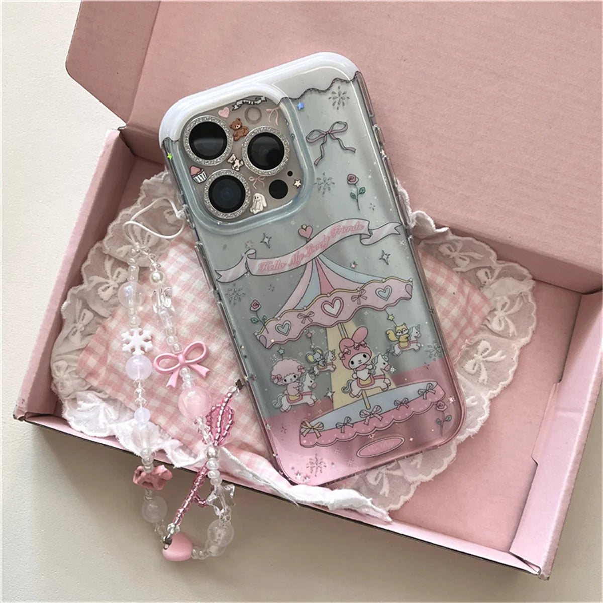 Funda de teléfono Kawaii carrusel Melody Bow para iPhone 16 Pro 15 14 Pro Max, funda con correa de cadena de mano, fundas bonitas a prueba de golpes